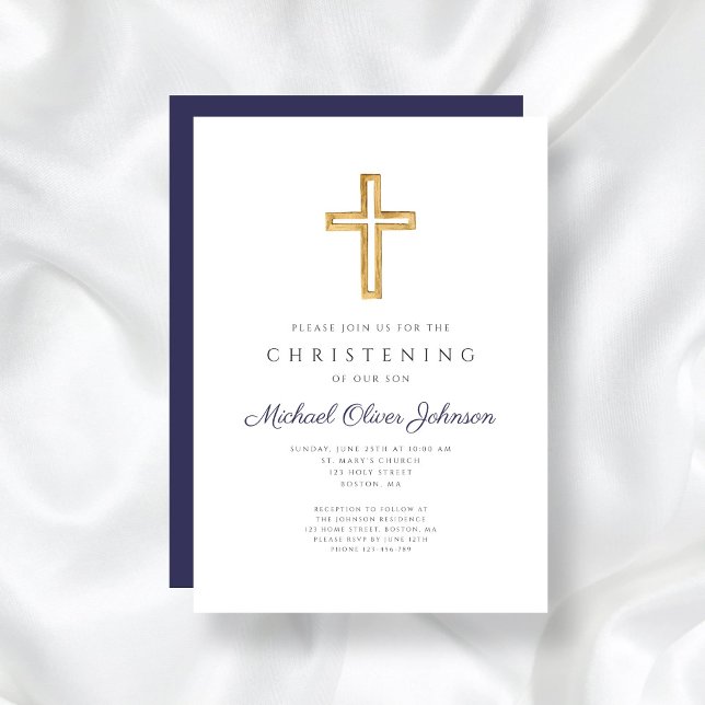 Invitación La cruz de la madera azul de la Marina Chica relig (Navy Blue Wood Cross Religious Boy Christening Invitation)