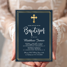 Invitación La cruz de oro estilo moderno de la marina azul ba