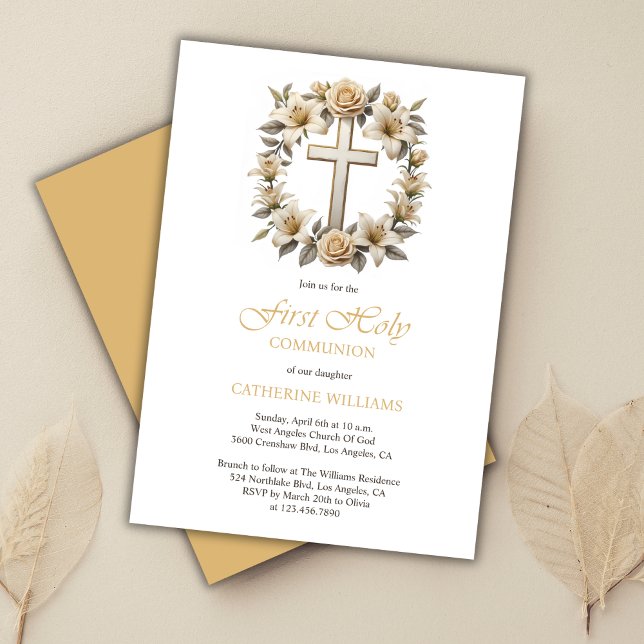 Invitación La Cruz del Oro Rosas Blancas Lilies Primera Comun (Gold Cross White Roses Lilies First Holy Communion Invitation)