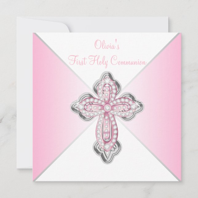 Invitación La cruz rosada del diamante es la primera comunión (Anverso)