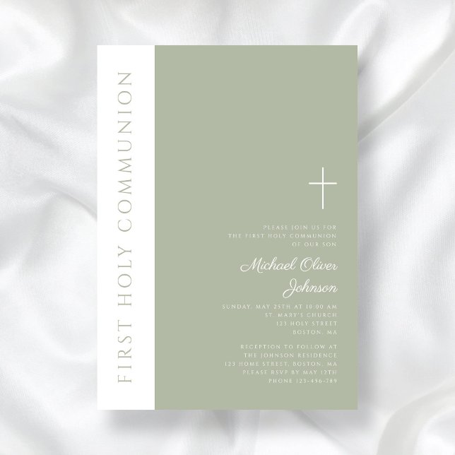 Invitación La Cruz Verde Masaje Moderna Primero Santa Comunió (Modern Sage Green Cross First Holy Communion Invitation)