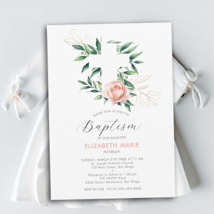 Invitación La cruz verde rosa Rubor Gold Baptism