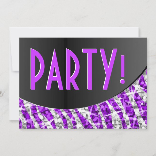 Invitación La curva negra de Glitz Zebra Morado 'Fiesta!' (Anverso)