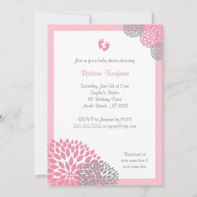 Invitación La dalia rosada y gris Baby Shower invita con los (Anverso)