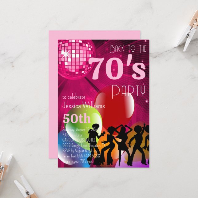 Invitación La Discoteca Retro 70 y el cumpleaños rosado de lo (Anverso/Reverso In Situ)