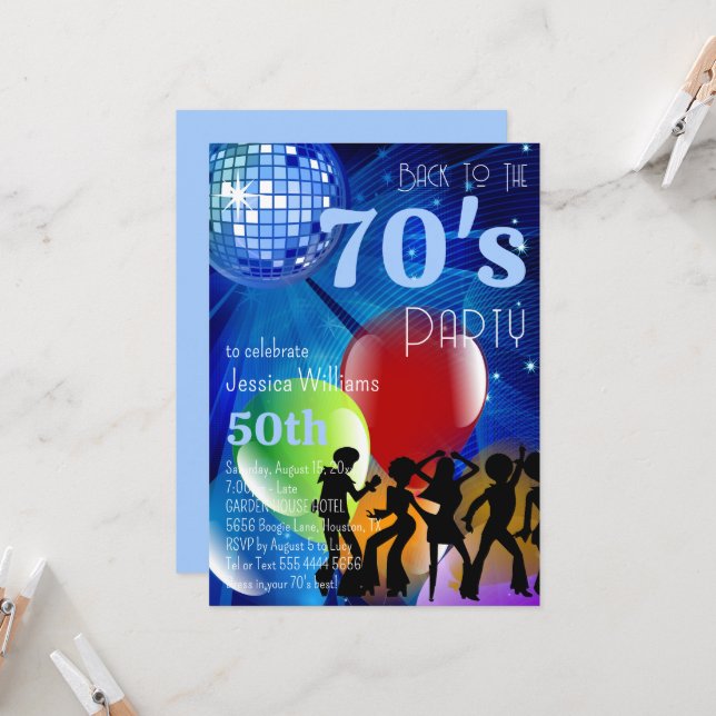 Invitación La discoteca Retro 70's y el cumpleaños azul de lo (Anverso/Reverso In Situ)