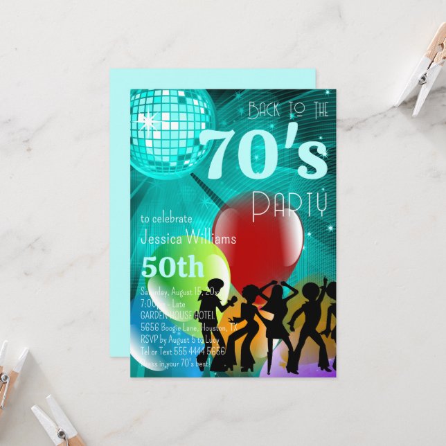 Invitación La Discoteca Retro 70's y el cumpleaños Verde azul (Anverso/Reverso In Situ)