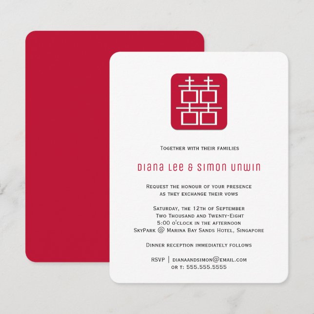 Invitación La doble felicidad contemporánea | Boda chino (Anverso / Reverso)