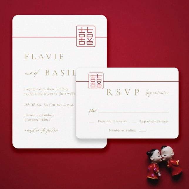 Invitación La doble felicidad moderna de la boda china RSVP (Subido por el creador)