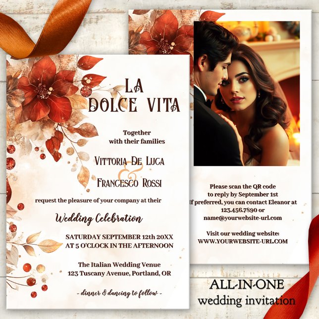 Invitación La Dolce Vita All-in-one Boda rojo italiano (La dolce vita all-in-one wedding invitation featuring watercolor flowers in Italian red and orange)