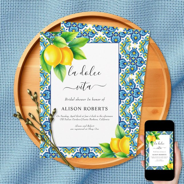 Invitación La Dolce Vita Baldosas mediterráneas ducha de novi (Subido por el creador)