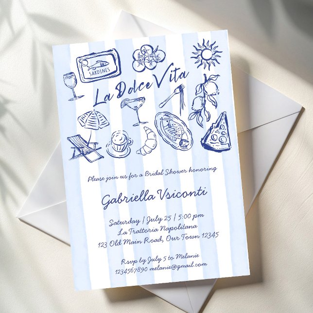 Invitación La dolce vita blue stripes Italian bridal shower (La dolce vita blue stripes Italian bridal shower Invitation cards template blue stripes hand drawn)