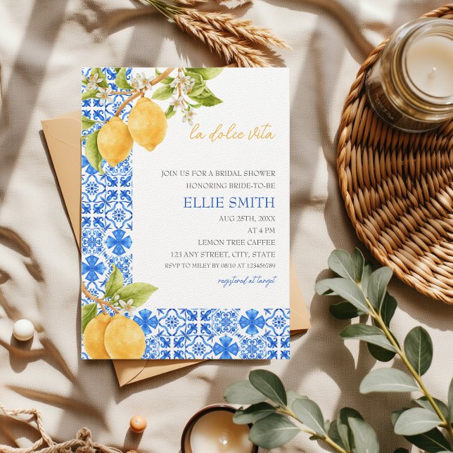 Invitación La dolce vita | Ducha de limón mediterráneo (La dolce Vita Bridal Shower Mediterranean Tiles Lemons Blue White and Yellow)