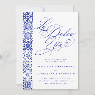 Invitación La Dolce Vita Guión Baldosas Blancas y Azules Boda