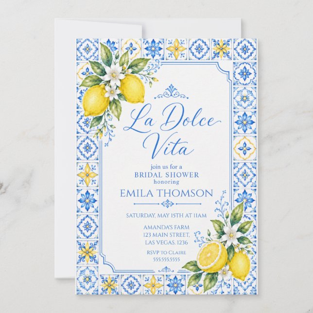 Invitación La Dolce Vita Lemon & Blue Tile Despedida de Solte (Anverso)