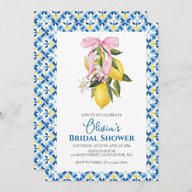 Invitación La Dolce Vita Lemon Pink Bow Bridal Ducha (Anverso / Reverso)