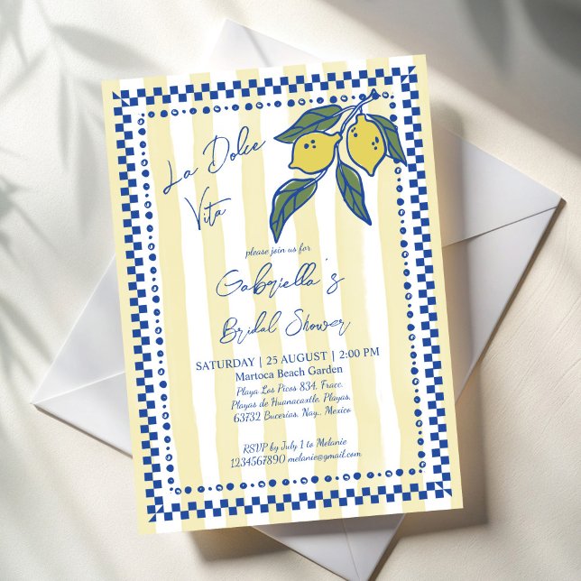 Invitación La Dolce Vita rayas amarillas limones ducha de nov (La Dolce Vita retro yellow stripes hand drawn lemons Italian bridal shower Invitation cards template)