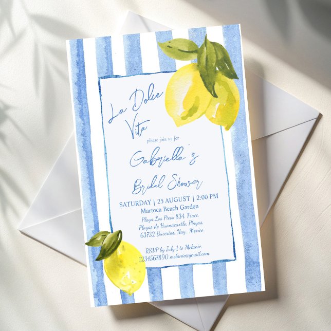 Invitación La Dolce Vita rayas azules limones ducha de novia (La Dolce Vita jandrawn blue stripes lemons retro Italian bridal shower Invitation cards template)