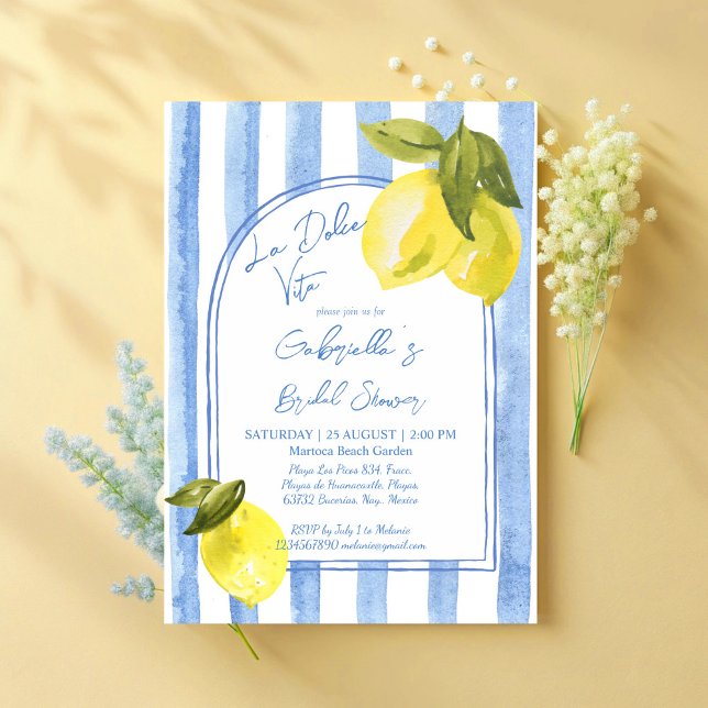 Invitación La Dolce Vita rayas azules limones ducha de novia (La Dolce Vita blue stripes lemons Italian bridal shower Invitation cards template)