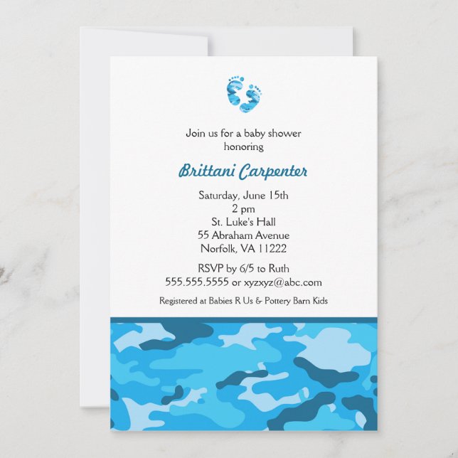 Invitación La ducha azul del camuflaje del bebé invita a los (Anverso)