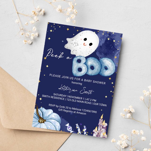 Invitación La ducha de bebé de Halloween luce un lindo bebé f (Peek a boo Halloween baby shower invitation instant download cute baby ghost pumpkin navy blue)