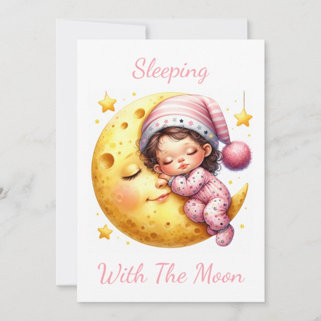 Invitación La ducha de bebé de la chica durmiendo con la Luna (Anverso)