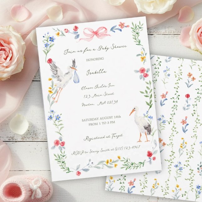 Invitación La ducha de bebé de La Cigüeña Rosa y Listón Heirl (Subido por el creador)