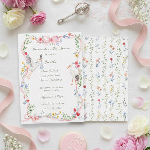 Invitación La ducha de bebé Rosa y Cinta Heirloom de la Cigüe