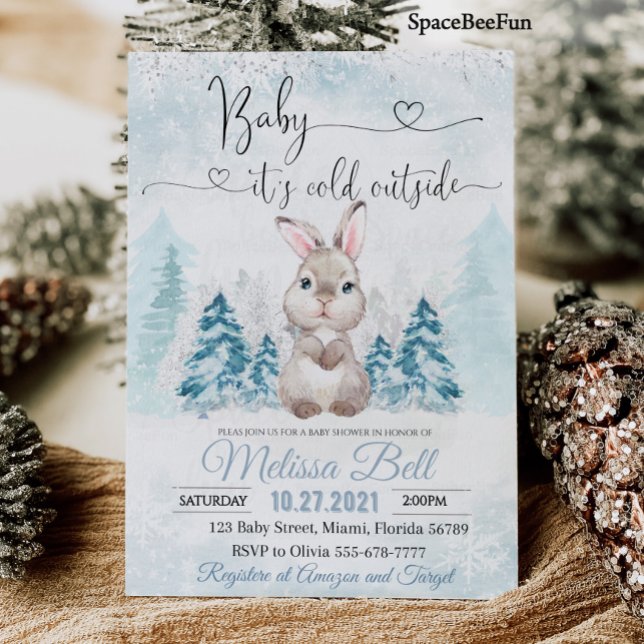 Invitación La ducha de invierno invita al bebé hace frío afue (Winter baby shower invitation Baby it's cold outside Woodland animal Bunny Baby Shower )