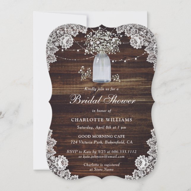 Invitación La ducha de la novia Mason Jar Rústica de la Respi (Anverso)