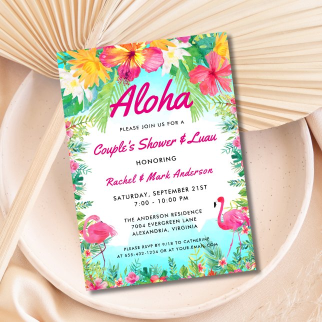 Invitación La ducha de la pareja Aloha Tropical Flamingo Luau (Subido por el creador)