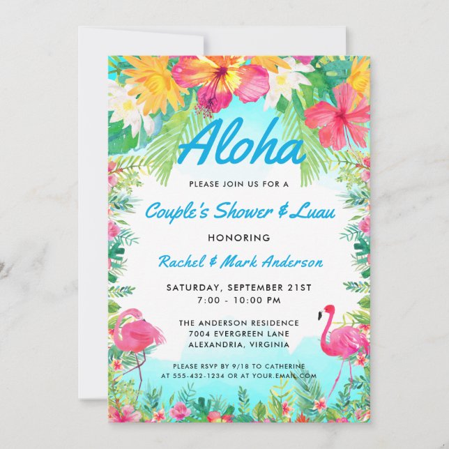 Invitación La ducha de la pareja Aloha Tropical Flamingo Luau (Anverso)