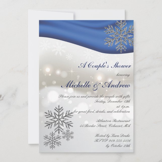 Invitación La ducha de la pareja de copos de nieve Royal Blue (Anverso)