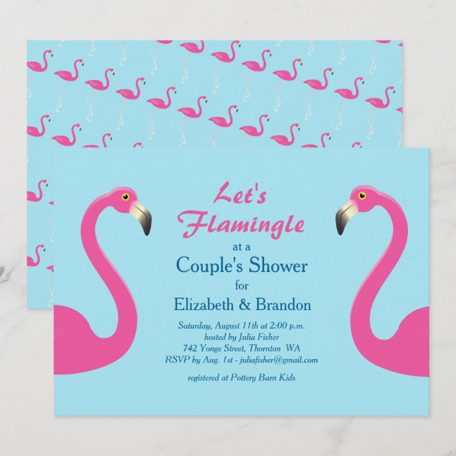 Invitación La ducha de la pareja de Flamingle invita al azul  (Anverso / Reverso)