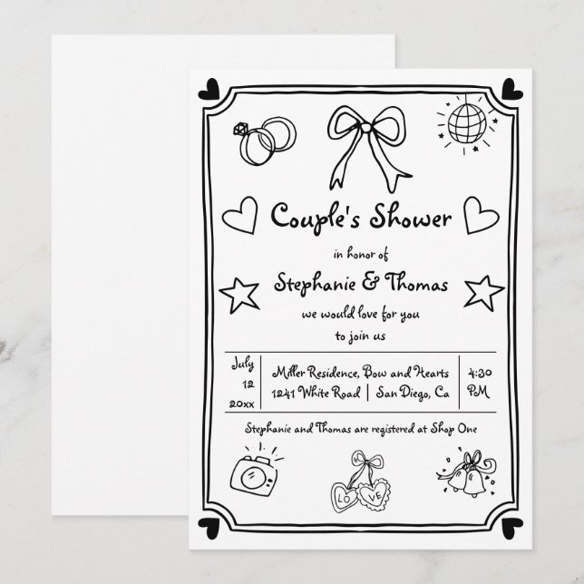 Invitación La ducha de la pareja de la mano dibuja garabatos  (Anverso / Reverso)
