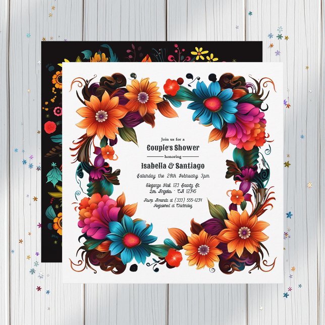 Invitación La ducha de la pareja floral Fiesta Mexicana (Bold Mexican Fiesta Floral Couple's Shower Invitation)