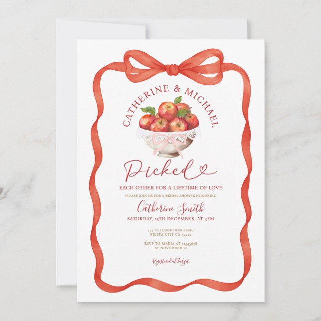 Invitación La ducha de novia de Apple Bow Rojo se pilló mutua (Anverso)