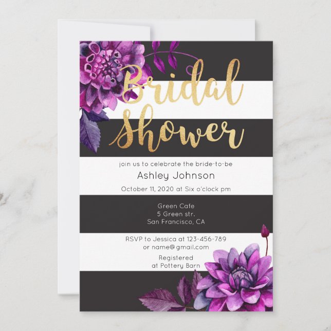 Invitación La ducha de novia es oro. Negro y púrpura (Anverso)