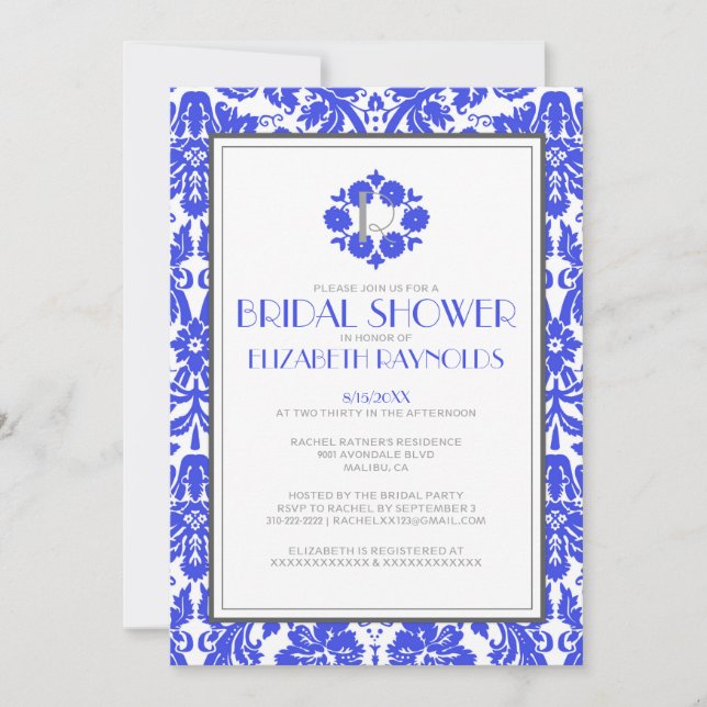 Invitación La ducha de novia Royal Blue Monogram Damask invit (Anverso)