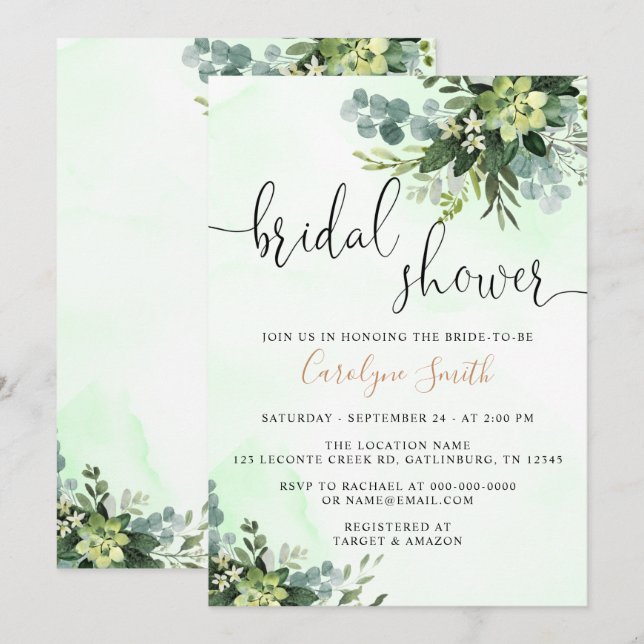 Invitación La ducha de novia verde (Anverso / Reverso)