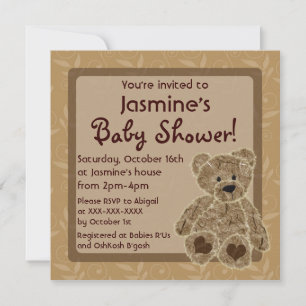 Invitación La ducha de peluche marrón neutro con género invit