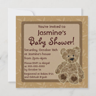 Invitación La ducha de peluche marrón neutro con género invit