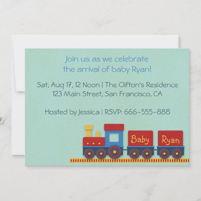Invitación La ducha del bebé invita: Tren del amarillo, rojo (Anverso)