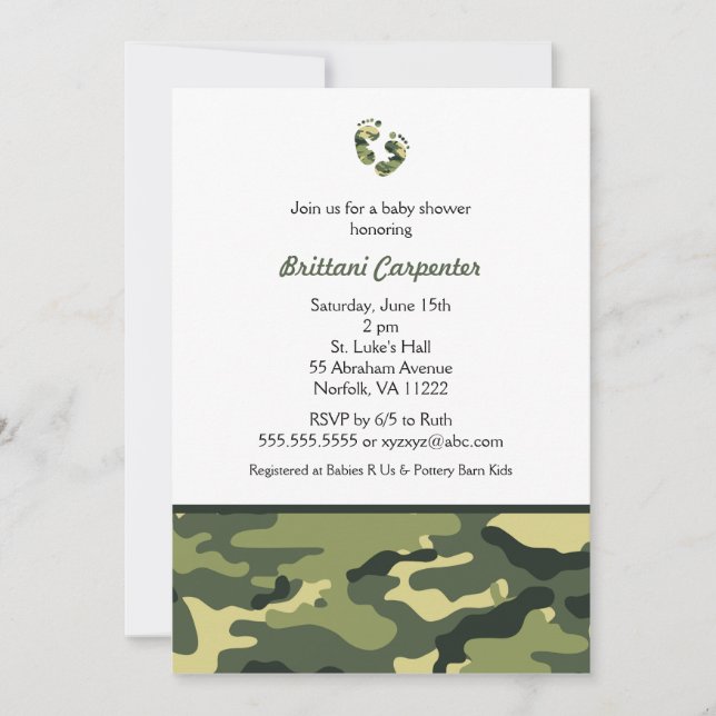 Invitación La ducha del camuflaje del verde del bebé invita a (Anverso)