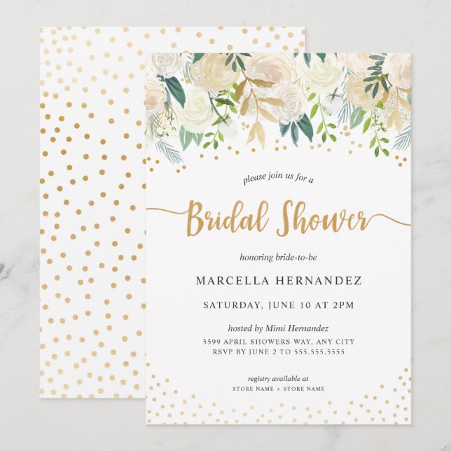 Invitación La ducha dorada floral blanca (Anverso / Reverso)