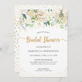 Invitación La ducha dorada floral blanca
