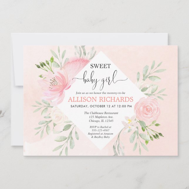 Invitación La ducha dulce de la niña floral se ruboriza (Anverso)