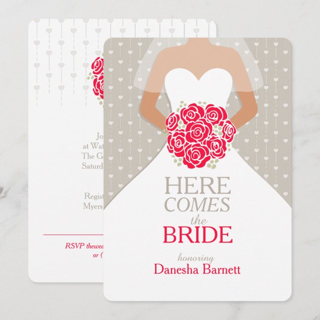 Invitación La ducha gráfica de novia con ramo rojo invita (Anverso / Reverso)