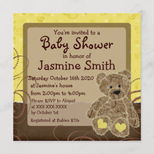 Invitación La ducha neutral del peluche del marrón amarillo