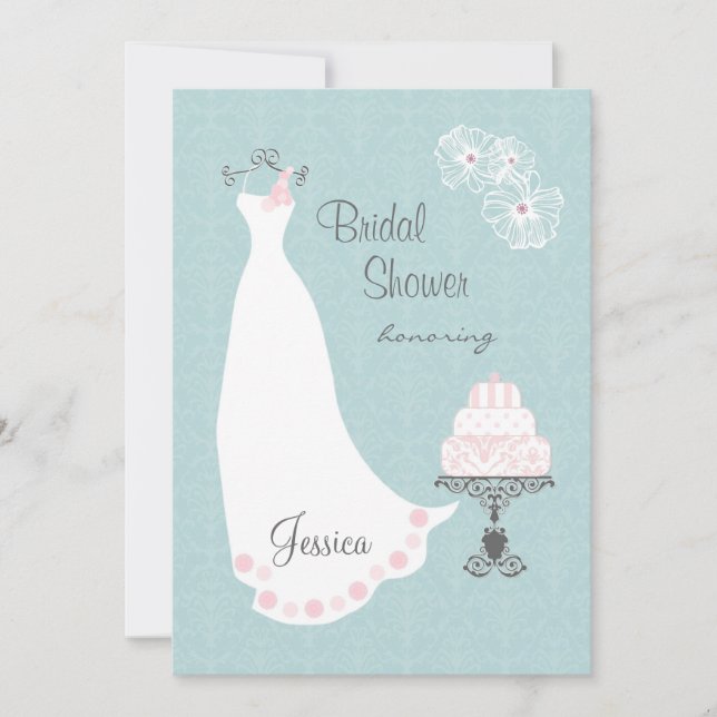 Invitación La ducha nupcial blanca del vestido y de la torta (Anverso)
